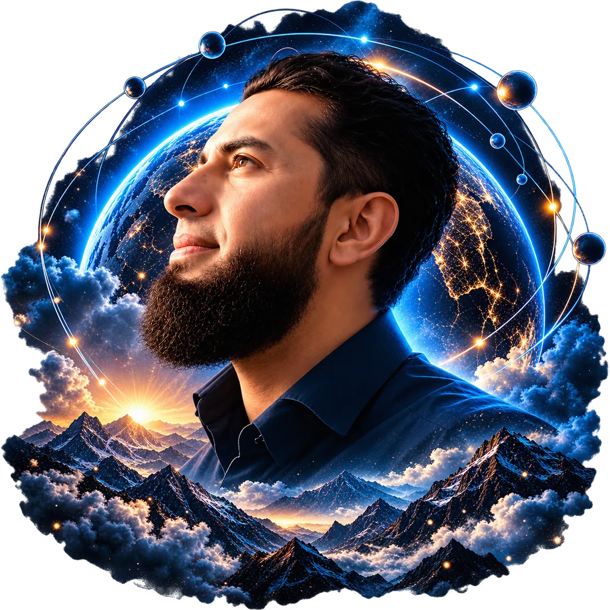 Illustrated portrait of Naqqash Khan looking up, framed by the earth, orbiting nodes, mountains and clouds